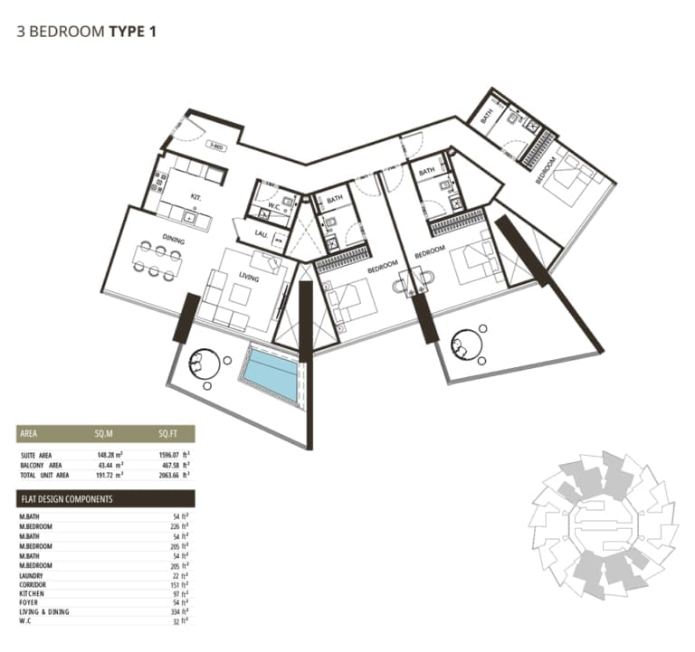 Binghatti Grove 3 Bedroom Type 1 Floor Plan