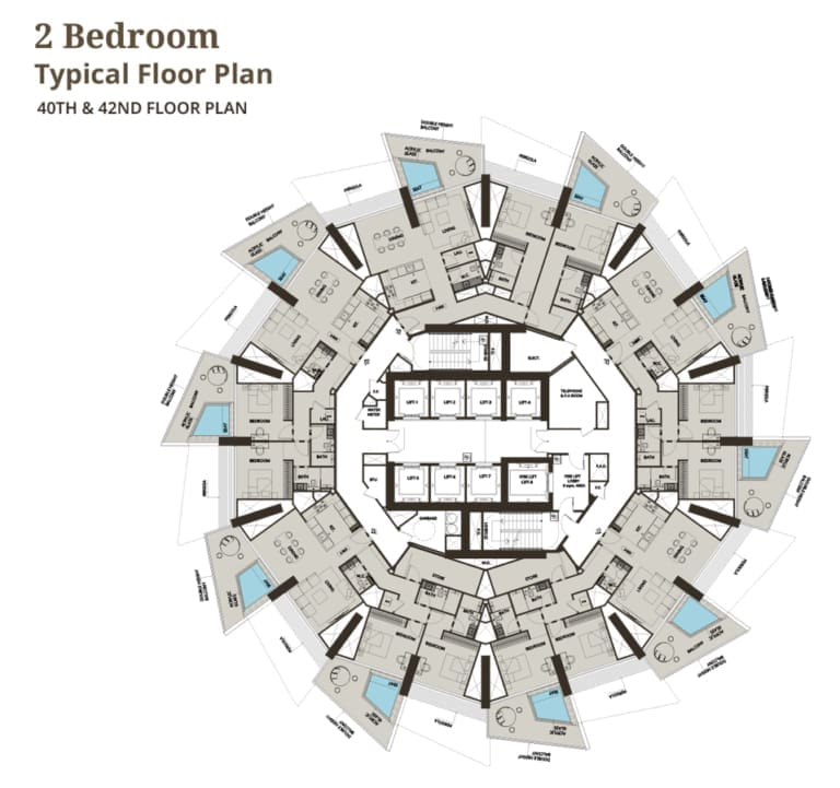 Binghatti Grove 2 Bedroom 40th & 42nd Typical Floor Plan