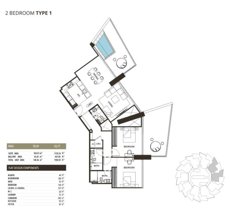 Binghatti Grove 2 Bedroom Type 1 Floor Plan