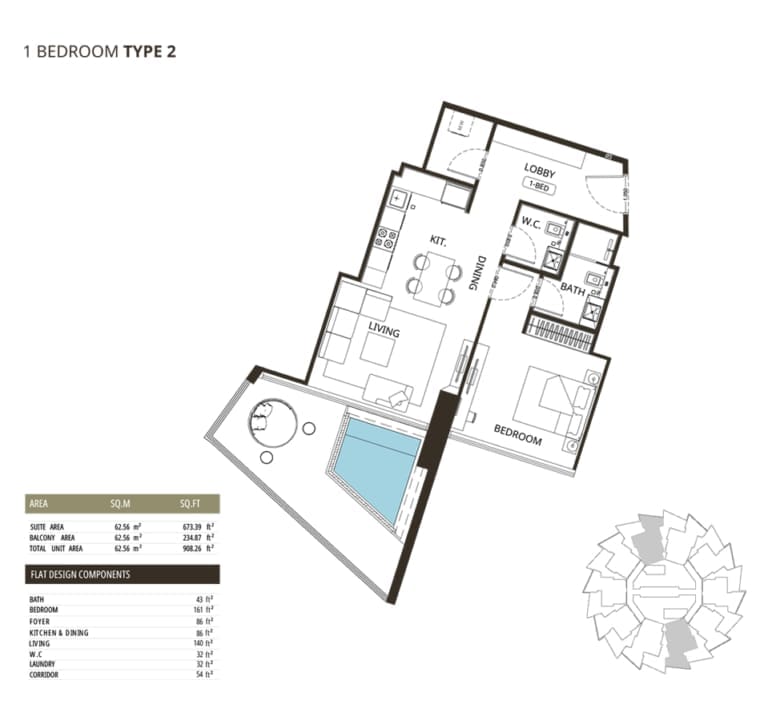 Binghatti Grove 1 Bedroom Type 2 Floor Plan
