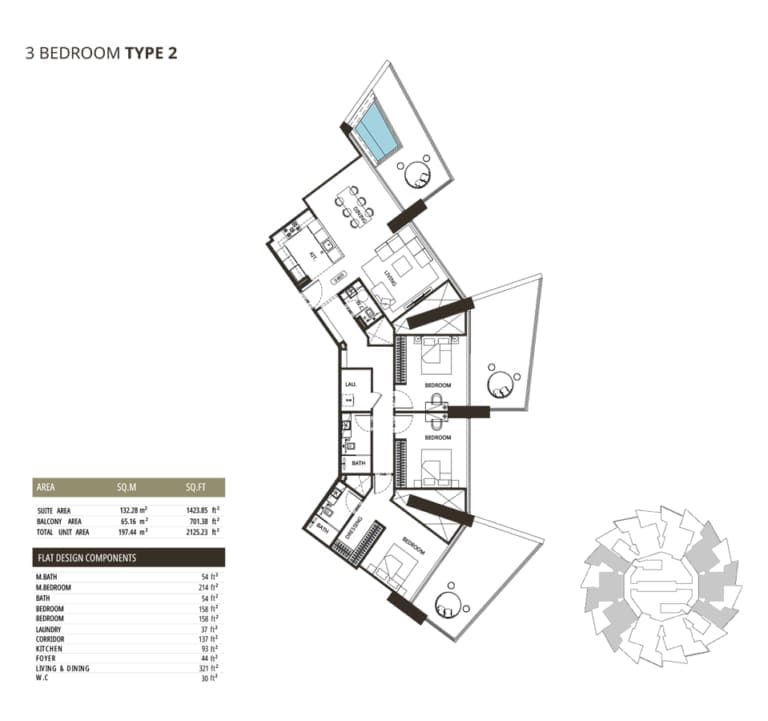 Binghatti Grove 3 Bedroom Type 2 Floor Plan