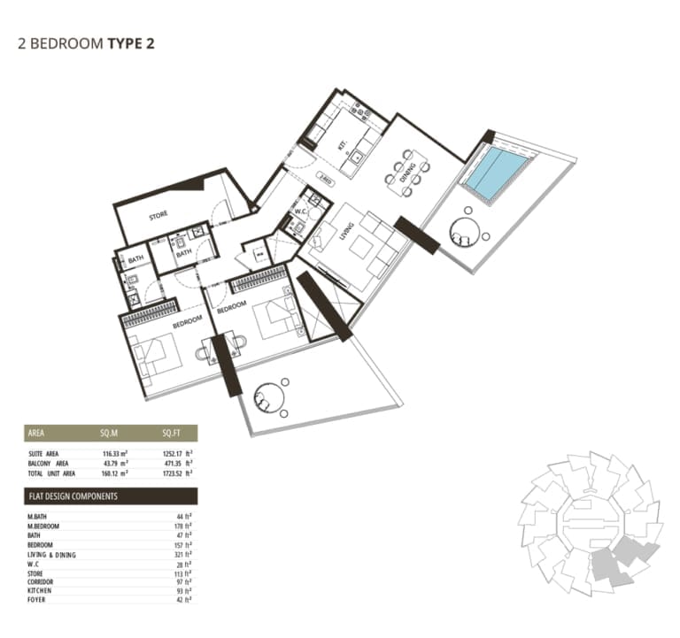 Binghatti Grove 2 Bedroom Type 2 Floor Plan