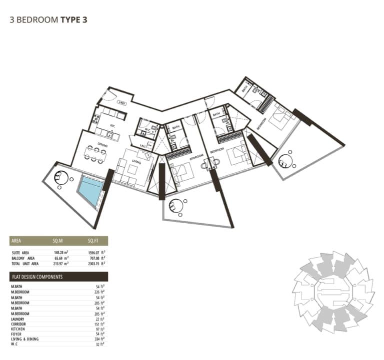 Binghatti Grove 3 Bedroom Type 3 Floor Plan
