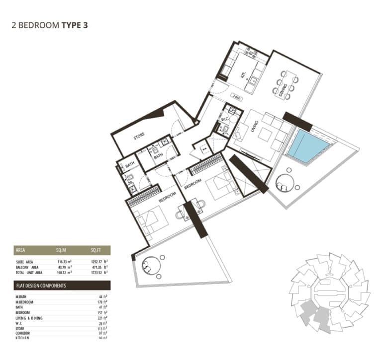Binghatti Grove 2 Bedroom Type 3 Floor Plan