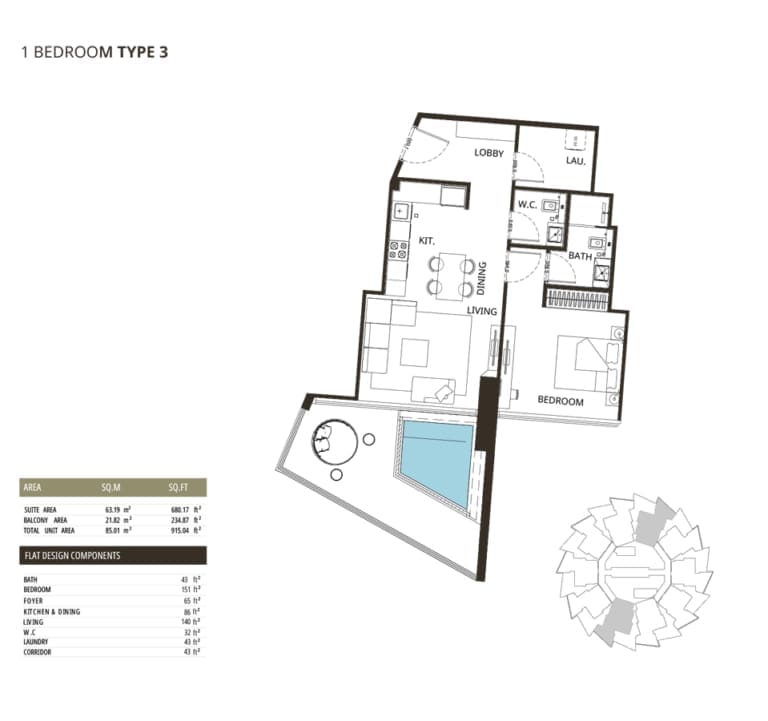 Binghatti Grove 1 Bedroom Type 3 Floor Plan