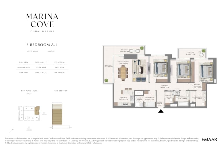 Cove Marina 3 Bedroom Type A.1 Floor Plan