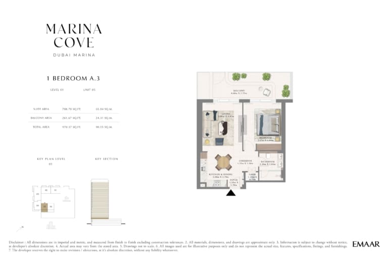 Cove Marina 1 Bedroom Type A.3 Floor Plan