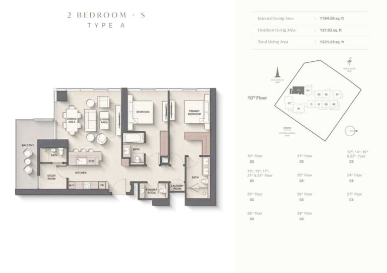 The Highgrove 2 Bedroom Plus Study Type A Floor Plan