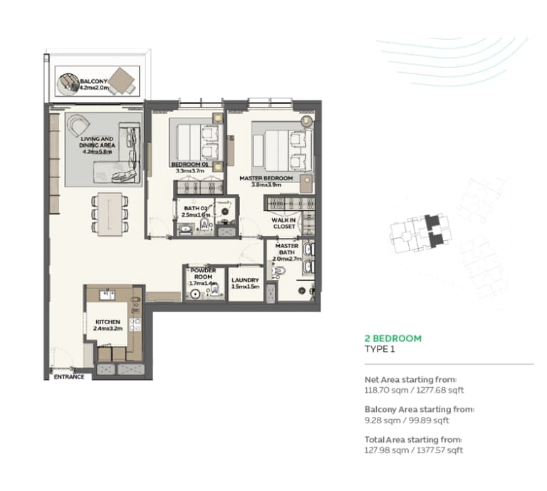Sidr Residences 2 Bedroom Type 1 Floor Plan