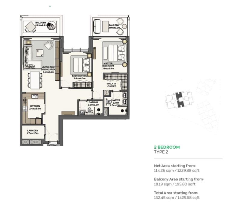 Sidr Residences 2 Bedroom Type 2 Floor Plan
