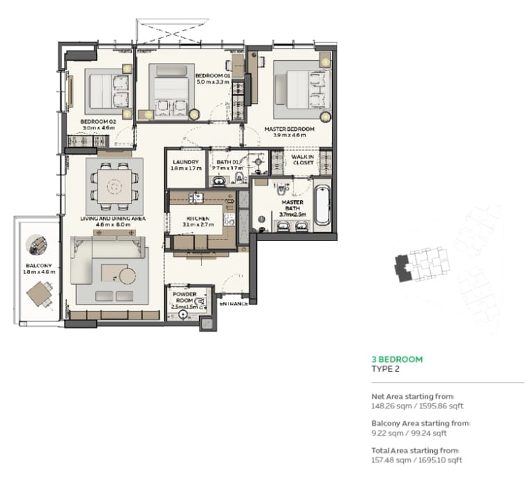 Sidr Residences 3 Bedroom Type 2 Floor Plan