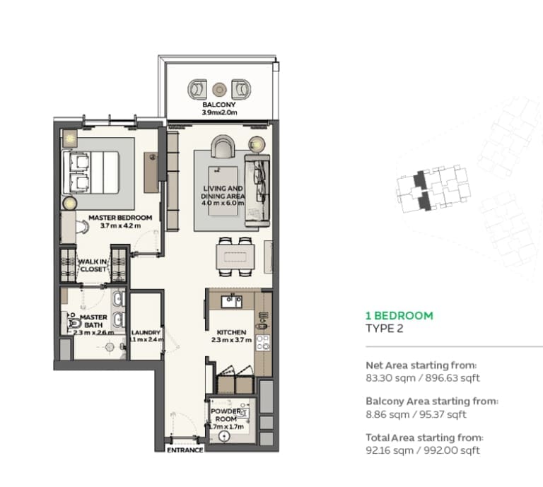Sidr Residences 1 Bedroom Type 2 Floor Plan