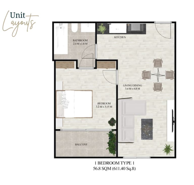 Treppan Living 1 Bedroom Type 1 Floor Plan