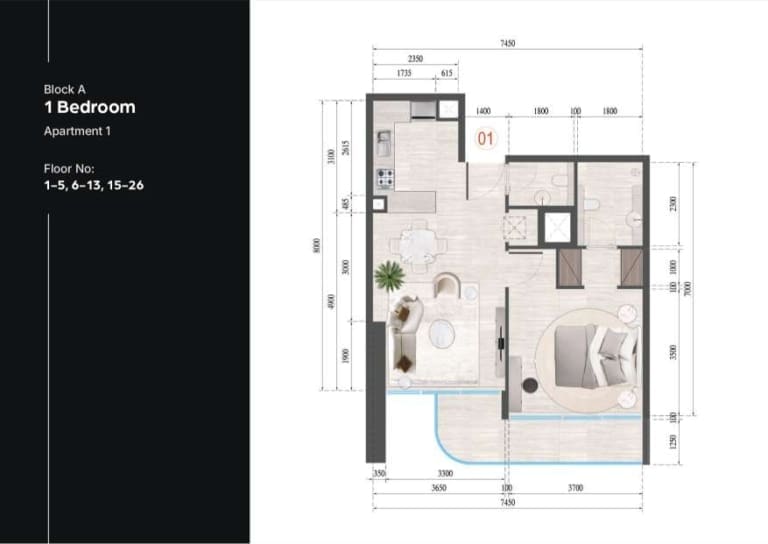 Guzel Tower Block A 1 Bedroom Apartment 1 Floor Plan