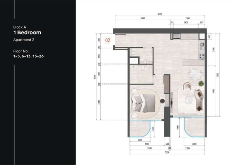 Guzel Tower Block A 1 Bedroom Apartment 2 Floor Plan