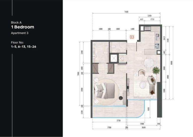 Guzel Tower Block A 1 Bedroom Apartment 3 Floor Plan