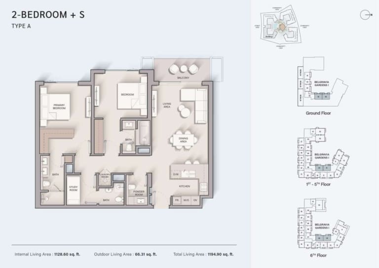 Belgrave Gardens 2 Bedroom Plus Study Type A Floor Plan