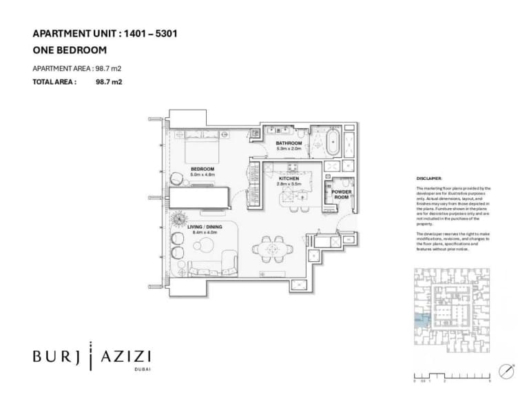 Burj Azizi 1 Bedroom Apartment Floor Plan