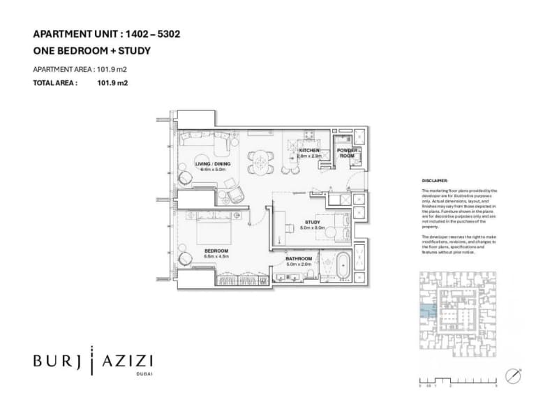 Burj Azizi 1 Bedroom Plus Study Apartment Floor Plan