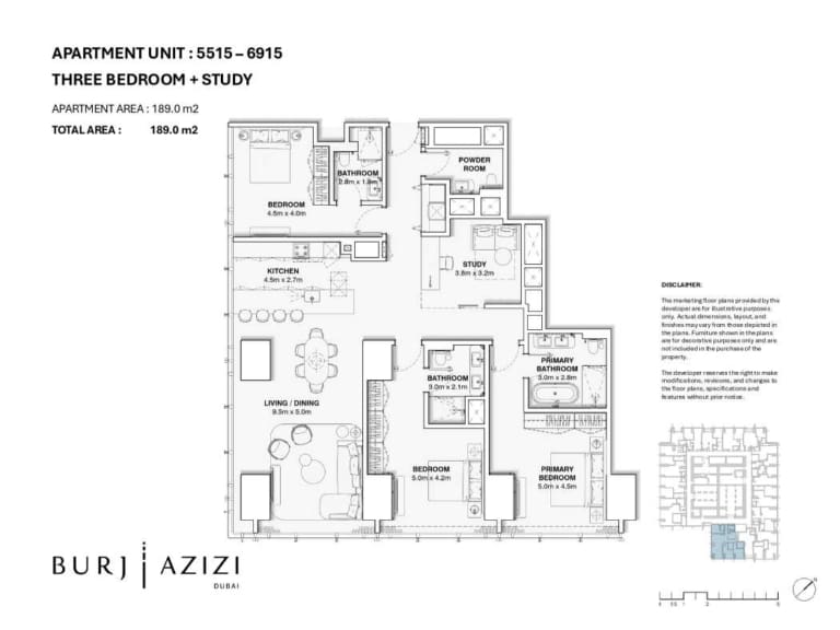 Burj Azizi 3 Bedroom Plus Study Apartment Floor Plan