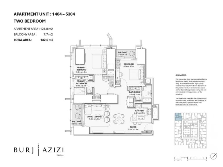Burj Azizi 2 Bedroom Apartment Floor Plan