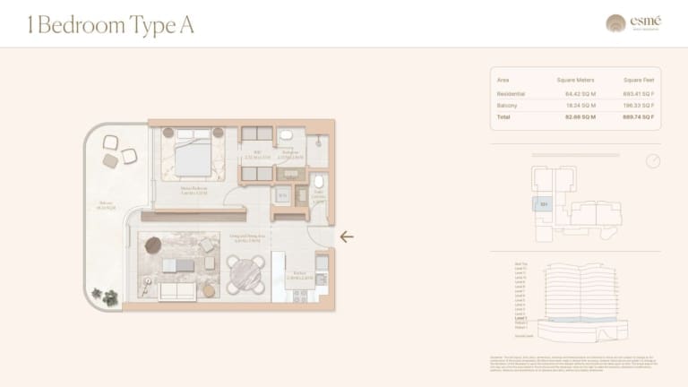Esme Beach Residences 1 Bedroom Type A Floor Plan