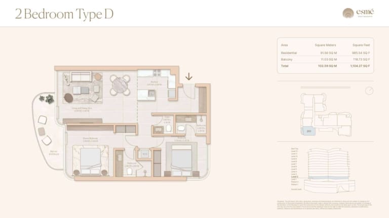 Esme Beach Residences 2 Bedroom Type D Floor Plan