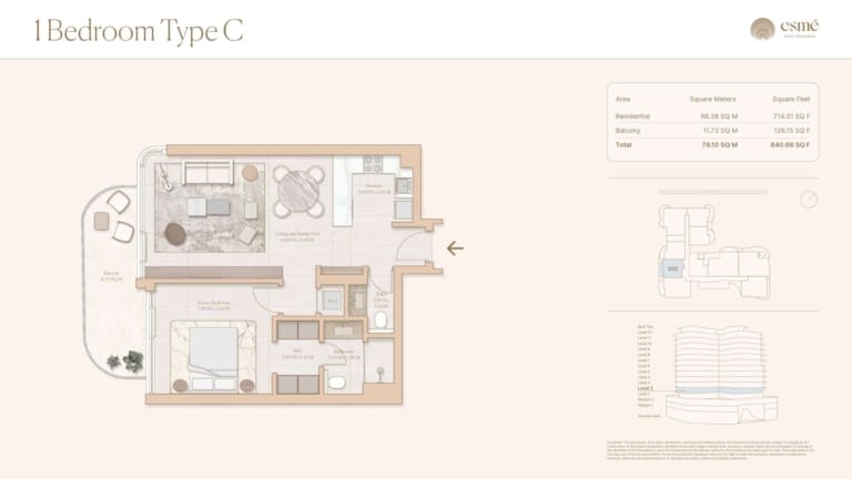 Esme Beach Residences 1 Bedroom Type C Floor Plan