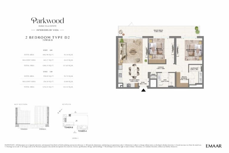 Parkwood by Emaar 2 Bedroom Type D2 Floor Plan