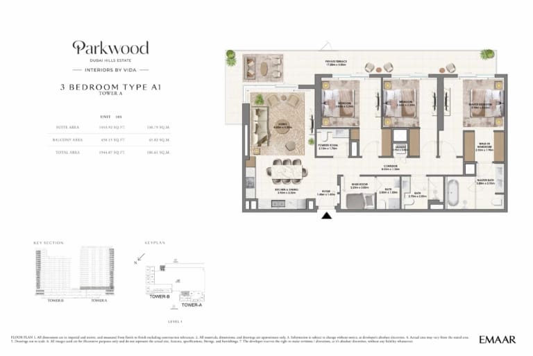 Parkwood by Emaar 3 Bedroom Type A1 Floor Plan