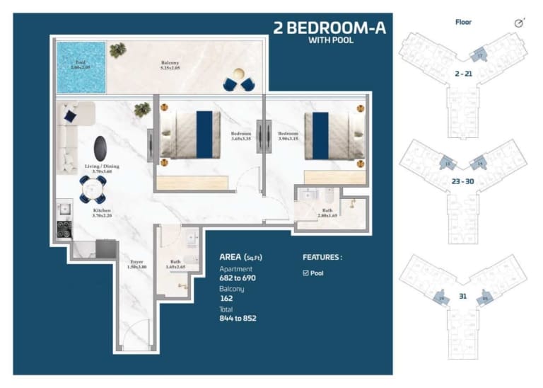 Timez by Danube 2 Bedroom Apartment Type A with Pool Floor Plan