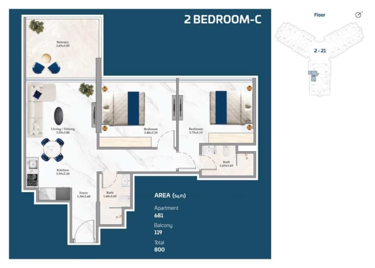 Timez by Danube 2 Bedroom Apartment Type C Floor Plan