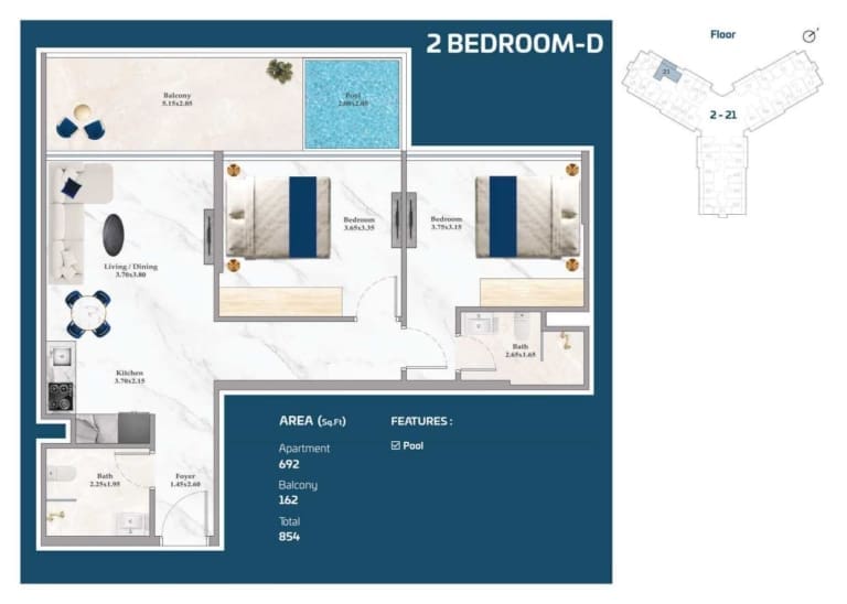Timez by Danube 2 Bedroom Apartment Type D Floor Plan