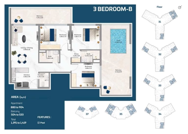 Timez by Danube 3 Bedroom Apartment Type B Floor Plan