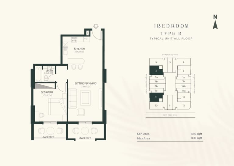 4 Direction Residence 1 Bedroom Apartment Type B Floor Plan
