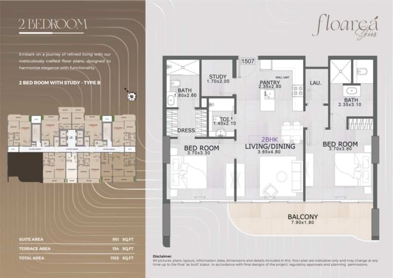 Floarea Skies 2 Bedroom Apartment with Study Type B Floor Plan