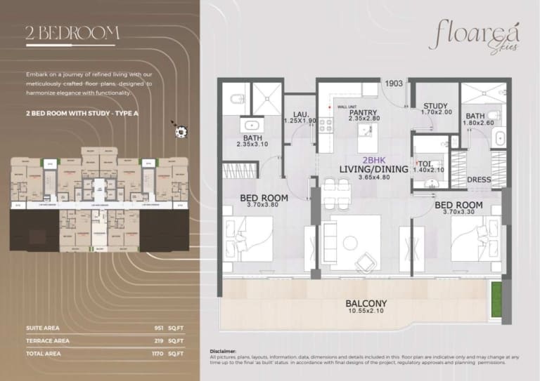 Floarea Skies 2 Bedroom Apartment with Study Type A Floor Plan