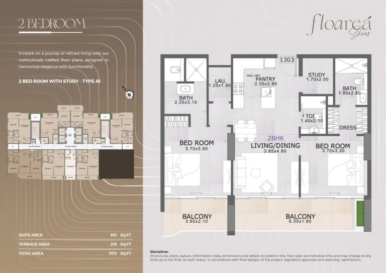 Floarea Skies 2 Bedroom Apartment with Study Type A1 Floor Plan