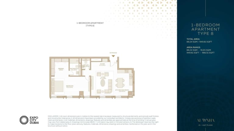 Al Waha Residences 1 Bedroom Apartment Type 8 Floor Plan