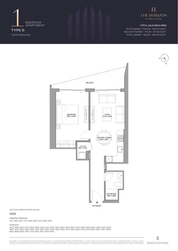 Sobha Central 1 Bedroom Apartment Type D Floor Plan