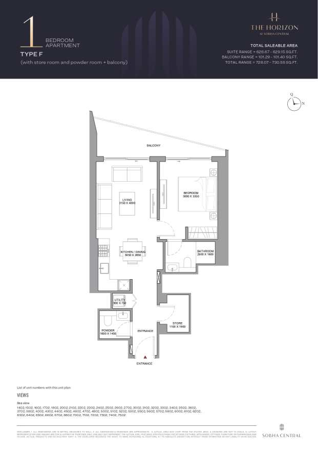 Sobha Central 1 Bedroom Apartment Type F Floor Plan