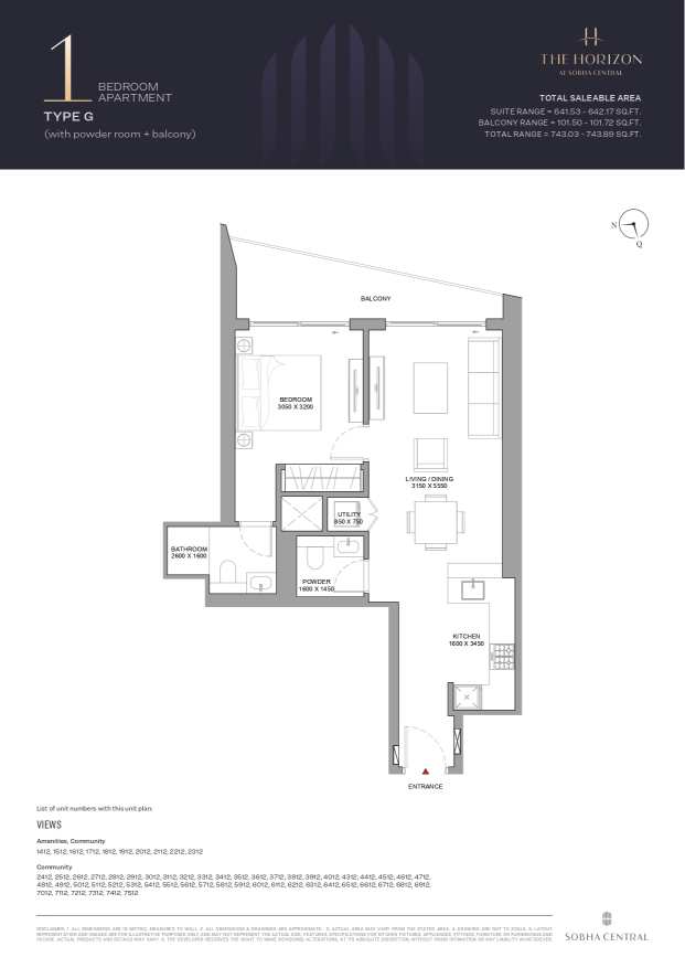 Sobha Central 1 Bedroom Apartment Type G Floor Plan