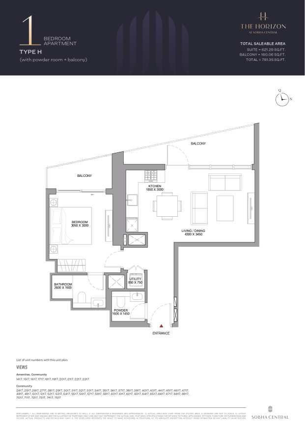 Sobha Central 1 Bedroom Apartment Type H Floor Plan