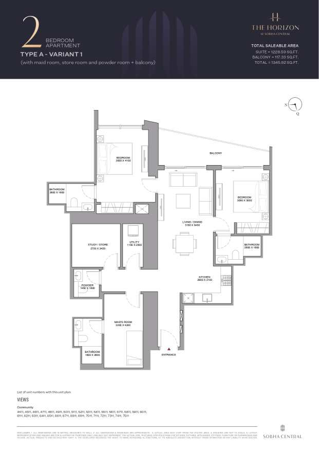 Sobha Central 2 Bedroom Apartment Variant 1 Type A Floor Plan