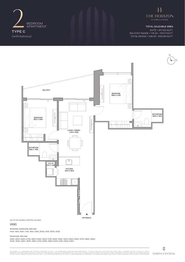 Sobha Central 2 Bedroom Apartment Type C Floor Plan