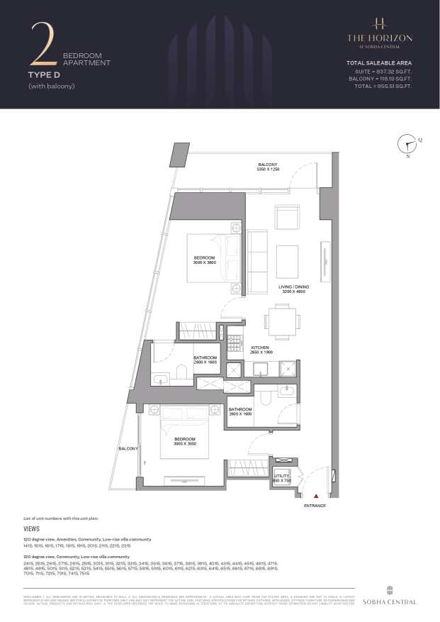 Sobha Central 2 Bedroom Apartment Type D Floor Plan