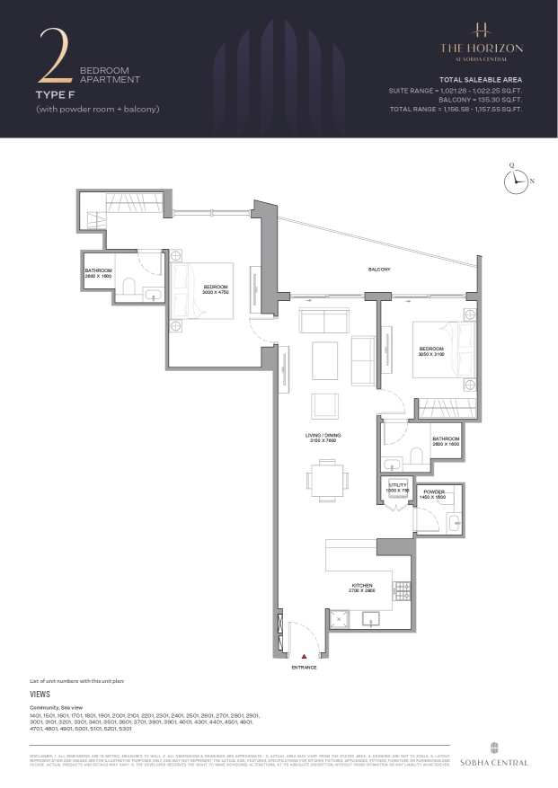 Sobha Central 2 Bedroom Apartment Type F Floor Plan