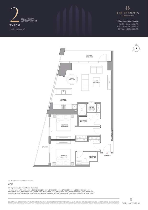 Sobha Central 2 Bedroom Apartment Type G Floor Plan