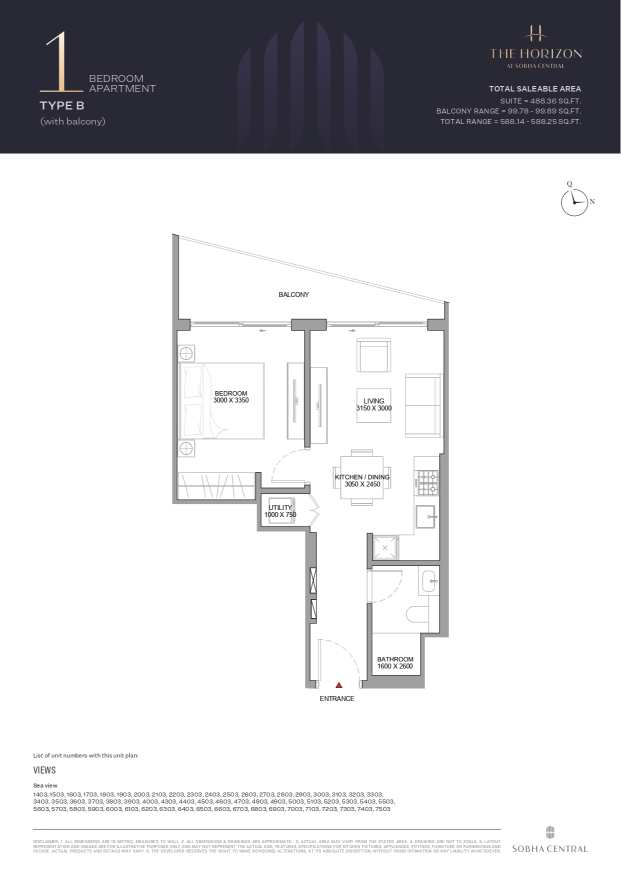 Sobha Central 1 Bedroom Apartment Type B Floor Plan