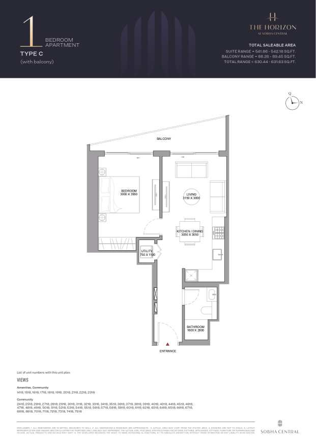 Sobha Central 1 Bedroom Apartment Type C Floor Plan